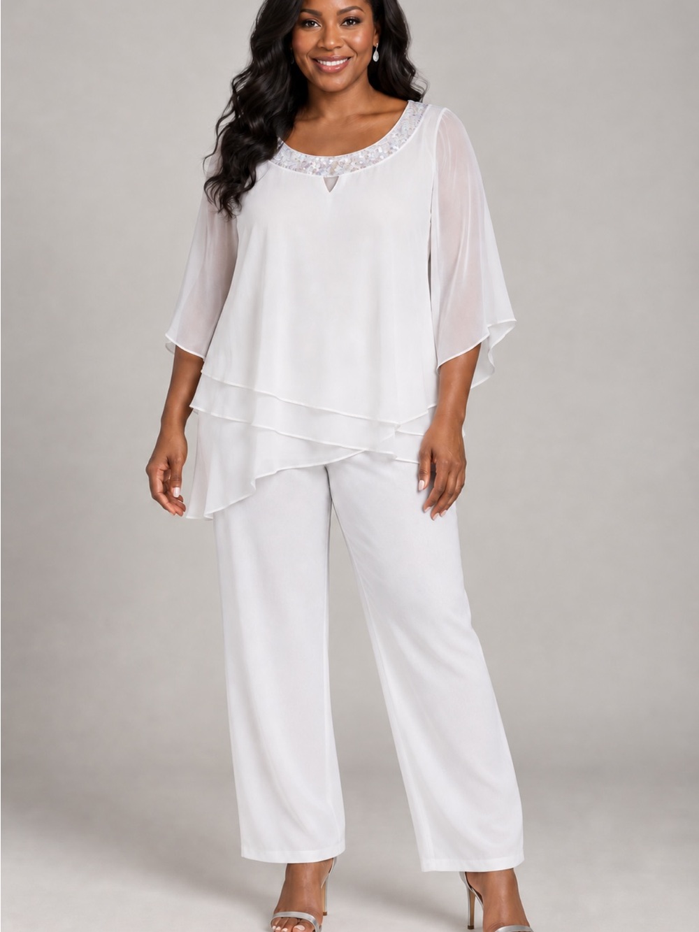 Plus-Size Layered Chiffon Pajama Set with Beaded Neckline - White